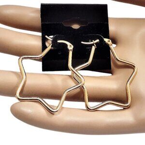 1 1/4" Gold Star 2mm Hoop Pierced Earrings 35mm Stainless Steel Nickel